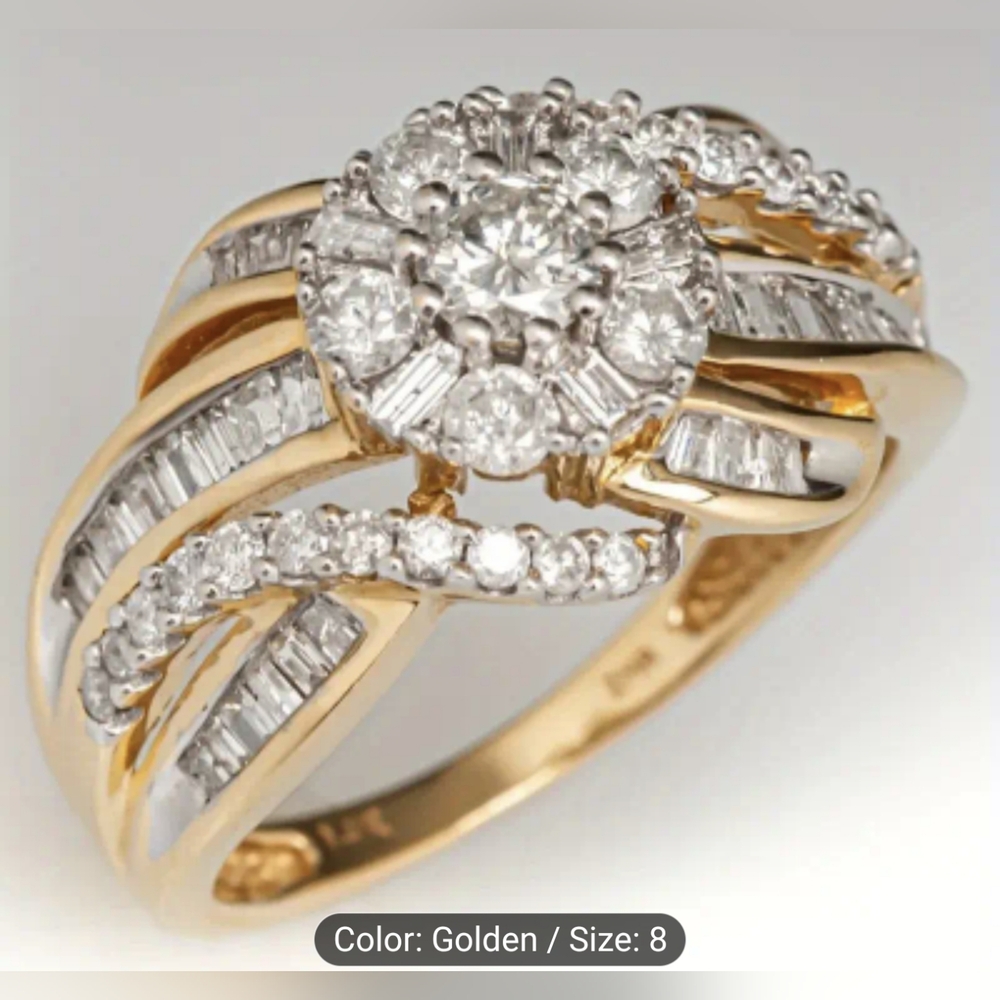Gold Tone Cluster Engagement-Style Ring Baguette & Round Stones Size 8, T2B4G